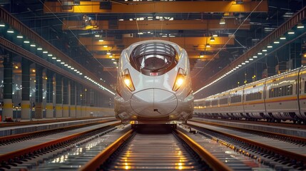 High-speed rail manufacturing facility, sleek trains,