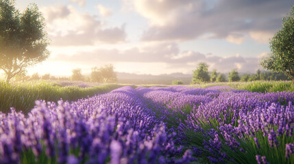 Obraz premium Lavender field at sunrise with vibrant purple flowers and trees in the background