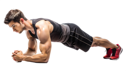 A Young man fitness sportive in sports uniform doing plank side view full length on transparency background PNG