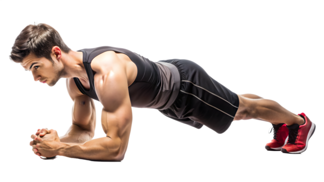A Young man fitness sportive in sports uniform doing plank side view full length on transparency background PNG