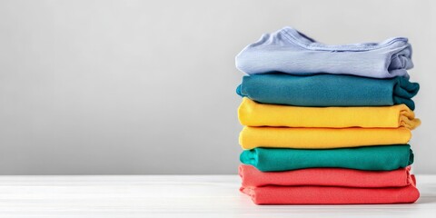 Colorful Stack of Folded T-shirts on a White Table.