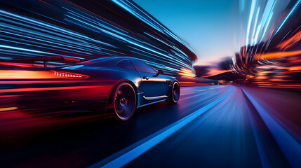 Fototapeta premium blue car at high speed along the highway obscures the speed of movement, 3d rendering. AI generative