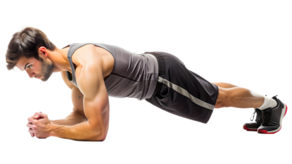 A Young man fitness sportive in sports uniform doing plank side view full length on transparency background PNG