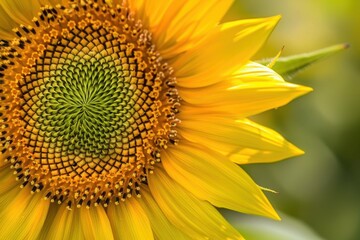 Obraz premium A macro shot of a sunflower's center, highlighting the intricate pattern of seeds and the bright yellow petals.