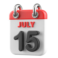 15th July Calendar Icon 3D Render