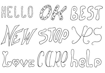 A set of various frequently used words. Freehand drawing. Doodle. Hand Drawn. Outline.	