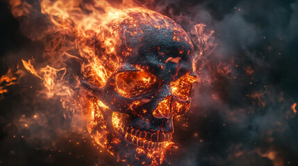Fototapeta premium Eerie flaming skull emerging from smoke, showcasing a dramatic and fiery display at night