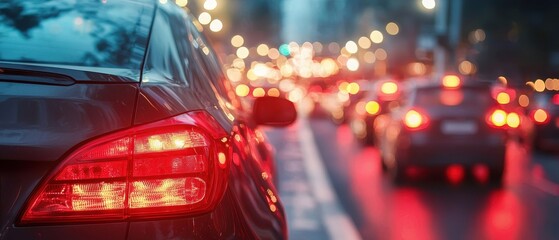 Car in heavy city traffic during evening rush hour
