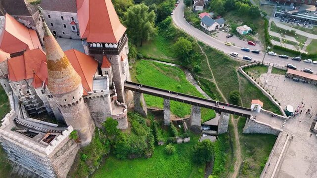 Drone shot of Corvin Castle from Hunedoara Romania