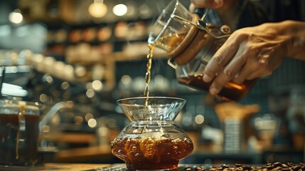 Obraz premium Barista making handdrip coffee Hand drip coffee Barista pouring boiling water to make drip coffee Tools for making drip coffee : Generative AI