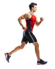 A Young man fitness sportive in sports uniform running athletics side view full length on transparency background PNG