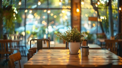 Blurred restaurant or cafe background Tables and chairs in the lobby of restaurant Visitors to restaurant for dinner Cozy bokeh lightening Beautiful bright interior Blurred bokeh basic : Generative AI