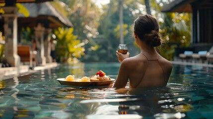 Woman enjoying floating breakfast at luxury resort in bali : Generative AI