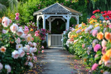Obraz premium A peaceful garden path lined with blooming roses in various colors, leading to a charming white gazebo.
