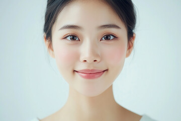 Asian woman positive smile on white background, beauty positive smile