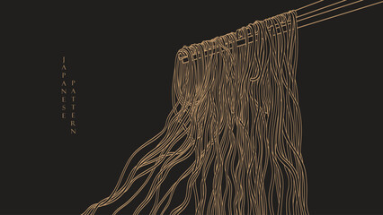 Noodles banner with brown and yellow ramen pattern on black background in vintage style. Wave abstract art illstration. Hand drawn line in elegant style.