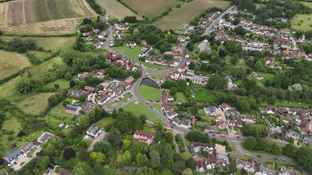 Establishing aerial shot Finchingfield Village in Essex UK