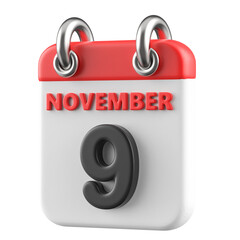 9th November Calendar Icon 3D Render