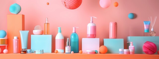 Pastel-themed skincare products displayed creatively