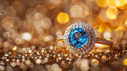 Fototapeta premium beautiful ring with big blue topaz and diamonds on golden jewelry background : Generative AI