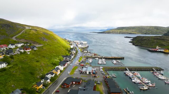 Aerial view of the Town of Havoysund in Northern Norway in summer