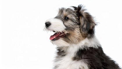 笑顔のビアデッド・コリーの子犬のポートレート（Portrait of a smiling Bearded Collie puppy on white background）
