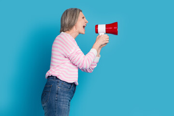 Photo portrait of nice senior woman scream megaphone empty space wear trendy striped outfit...