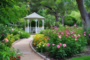 Obraz premium A peaceful garden path lined with blooming roses in various colors, leading to a charming white gazebo.