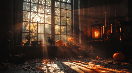 Warm autumn sunlight filters through a window into a spooky Halloween-themed room, casting eerie shadows on the decor.