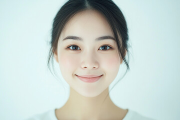 Asian woman positive smile on white background, beauty positive smile
