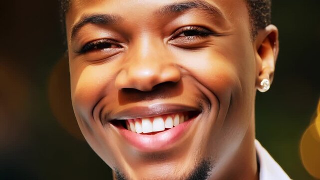 Young black man smiles joyfully at night in the city, exuding confidence and happiness in his stylish appearance