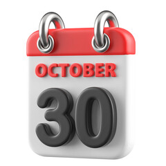 30th October Calendar Icon 3D Render