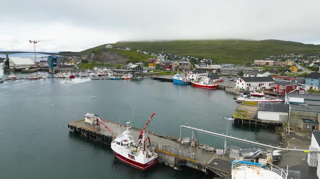 Aerial view of the Town of Havoysund in Northern Norway in summer
