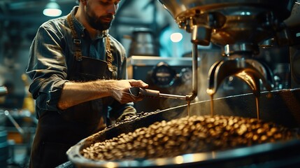 worker took Freshly roasted coffee to check the quality of the mixer drum for cooling : Generative AI
