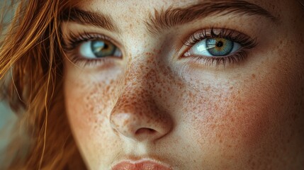 Fototapeta premium A soft and dreamy portrait of a beautiful woman with freckles. Perfect for beauty, fashion, and lifestyle magazines.