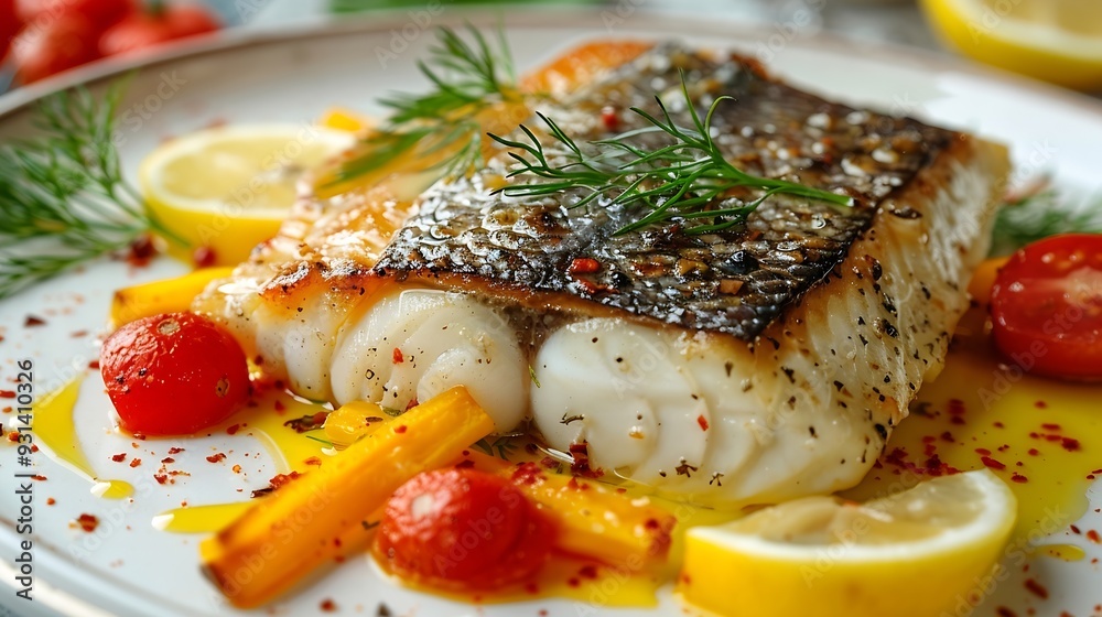 Poster take a photo by smart phone of sea bass fillet steak with lemon sauce served with vegetable on plate