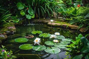 A serene scene of a garden pond surrounded by blooming water lilies and lush greenery.