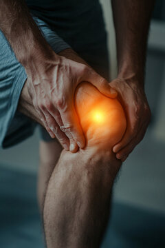 Joint pain, Arthritis and tendon problems. touching nee at pain point, person with pain in his knee, body with pain in the knee, holding knee, person with a knee pain