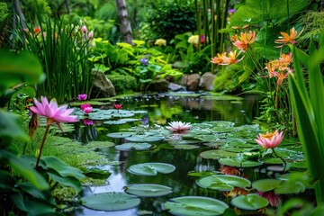 A serene scene of a garden pond surrounded by blooming water lilies and lush greenery.