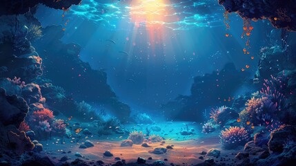 Sunbeams Illuminating Underwater Coral Reefscape