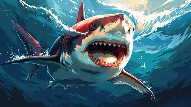 Great White Shark with Open Mouth Surfacing from Deep Ocean Waters