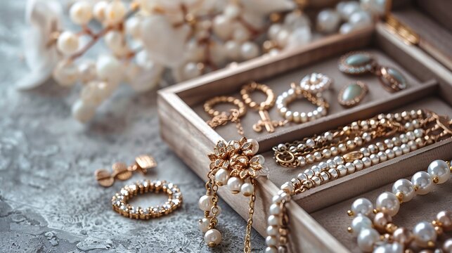 Organizer with stylish jewelry on grunge white background : Generative AI