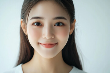 Fototapeta premium Asian woman positive smile on white background, beauty positive smile
