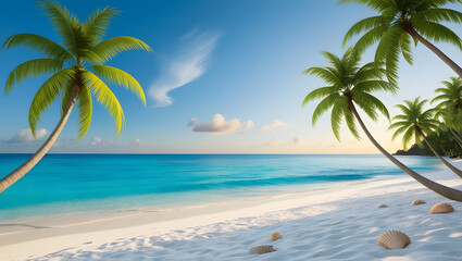 Create an image of a tranquil tropical beach scene with clear turquoise waters, white sandy shores, and lush green palm trees under a bright blue sky with few clouds.