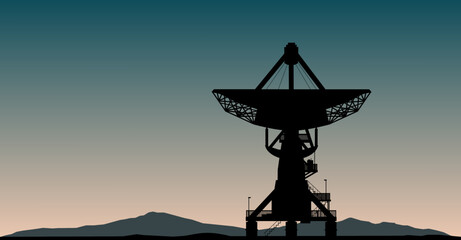 Vektor Silhouette - Radioteleskop mit Parabolspiegel beim Überwachen von Signalen und Radiofrequenzen im Weltall - Wissenschaft und Astronomie © fotografiedk
