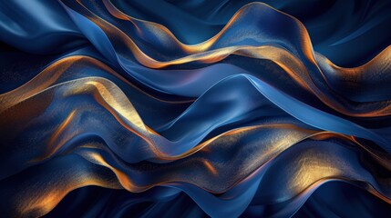 Design an abstract background with flowing ribbons in blue and gold. Ensure the design conveys a sense of luxury and elegance with seamless, fluid lines and rich colors