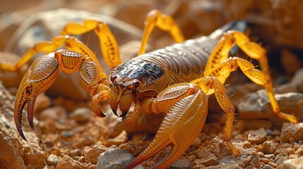 Close-up of a Yellow Scorpion with Open Claws on Gravel