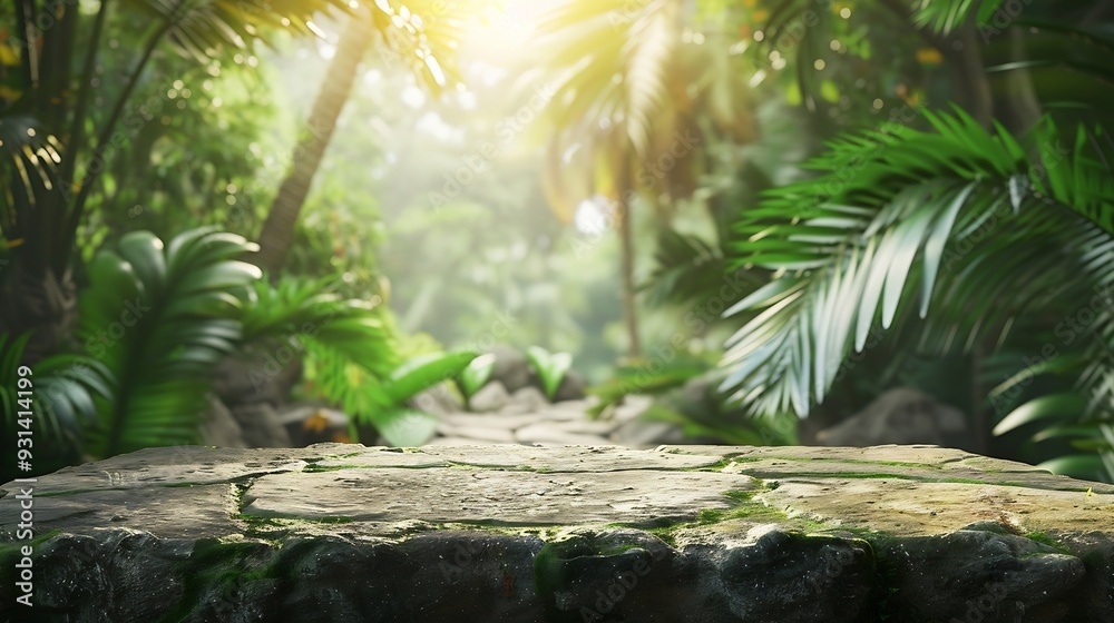 Aufkleber Stone table top in jungle forest with blur palm tree Natural tropical scene for organic product placement podium background : Generative AI