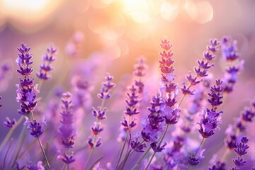 Obraz premium A serene scene of lavender fields at sunset, with the purple flowers glowing in the soft evening light