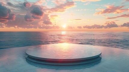 Plakat Podium stand in luxury swimming pool water with sea and sunset view Summer background of tropical design product placement display Hotel resort poolside backdrop : Generative AI